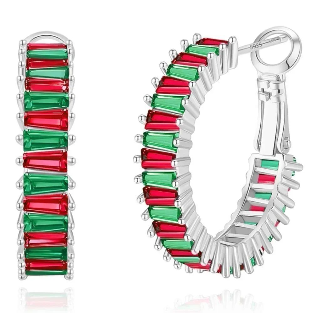 14K White Gold with Ruby and Emerald Cubic Zirconia Drop Hoop Leverback Earrings